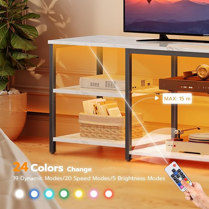 HOOBRO LED TV Stand for 65 Inch TVs with Charging Station, Gaming Entertainment Center with 3-Tier Open Storage, Long Media TV Console Table, TV Stand for Living Room, Bedroom, Marble White BM20UDDS01 - LeafyLoom