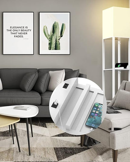 PAZZO Floor Lamp with Shelves, Shelf Floor Lamps by Real Solid Wood with 2 Charging Ports and 1 Power Outlet, Floor Lamps for Bedrooms, Lamps for Living Room,Bulb Included,White - LeafyLoom