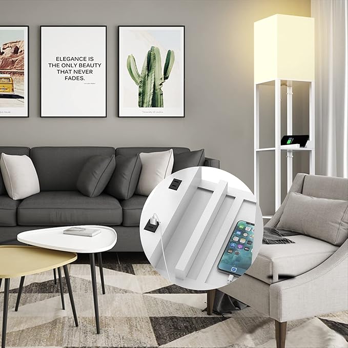 PAZZO Floor Lamp with Shelves, Shelf Floor Lamps by Real Solid Wood with 2 Charging Ports and 1 Power Outlet, Floor Lamps for Bedrooms, Lamps for Living Room,Bulb Included,White - LeafyLoom