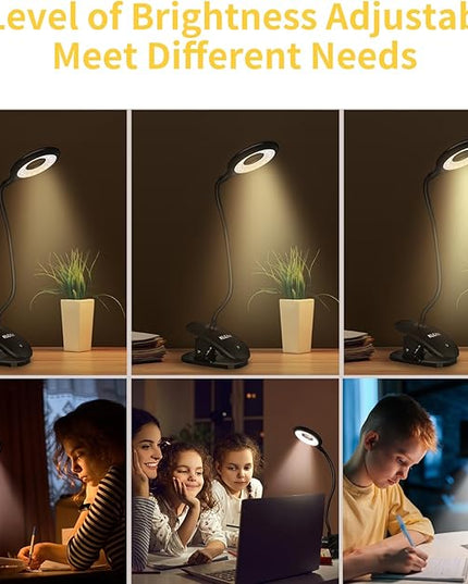 Clip on Light for Bed & Desk, Reading in Bed, Dorm, Battery Operated Rechargeable Clamp Lamp for Headboard, Eye-Caring LED Light with 3 Brightness Modes & Flexible Gooseneck (Black) - LeafyLoom