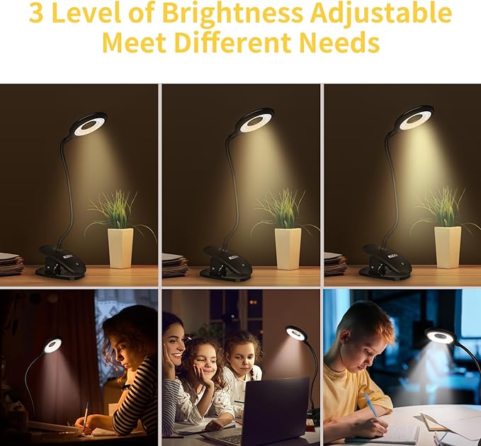 Clip on Light for Bed & Desk, Reading in Bed, Dorm, Battery Operated Rechargeable Clamp Lamp for Headboard, Eye-Caring LED Light with 3 Brightness Modes & Flexible Gooseneck (Black) - LeafyLoom