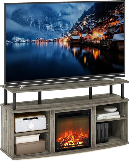 Furinno Jensen Open Shelving Storage Fireplace TV Entertainment Center for TV up to 55 Inch, French Oak Grey/Black - LeafyLoom