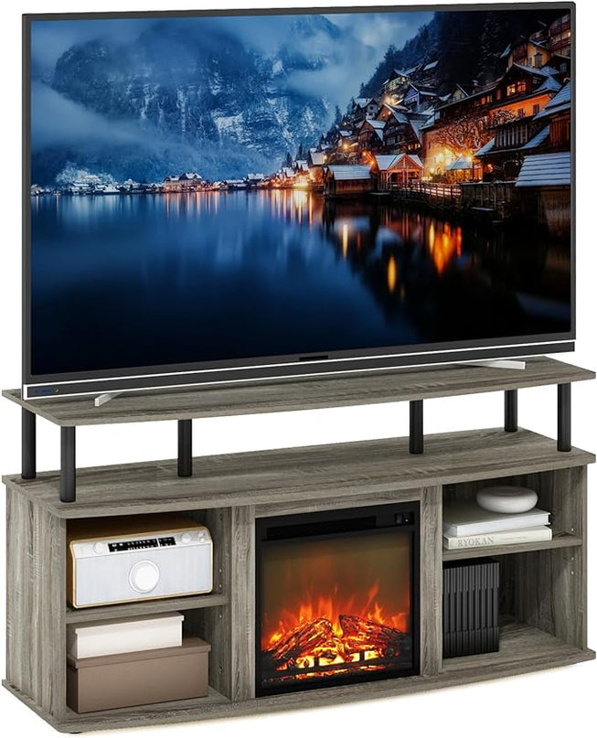 Furinno Jensen Open Shelving Storage Fireplace TV Entertainment Center for TV up to 55 Inch, French Oak Grey/Black - LeafyLoom