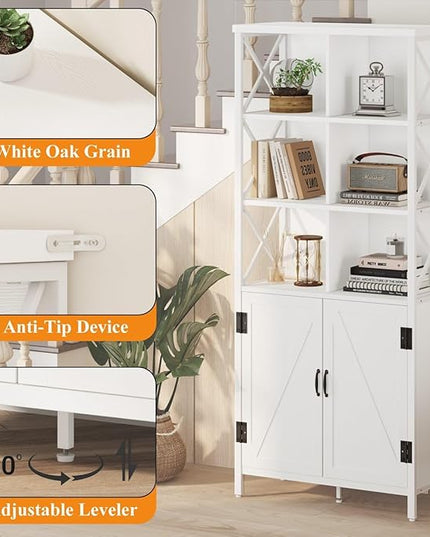 FATORRI Bookshelf with Doors, Modern Tall Bookshelf with Cabinet, Wood Book Shelf and Farmhouse Organizer Storage BookCase for Living Room (White Oak) - LeafyLoom