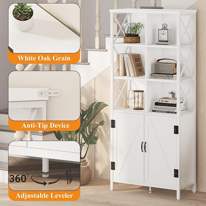FATORRI Bookshelf with Doors, Modern Tall Bookshelf with Cabinet, Wood Book Shelf and Farmhouse Organizer Storage BookCase for Living Room (White Oak) - LeafyLoom