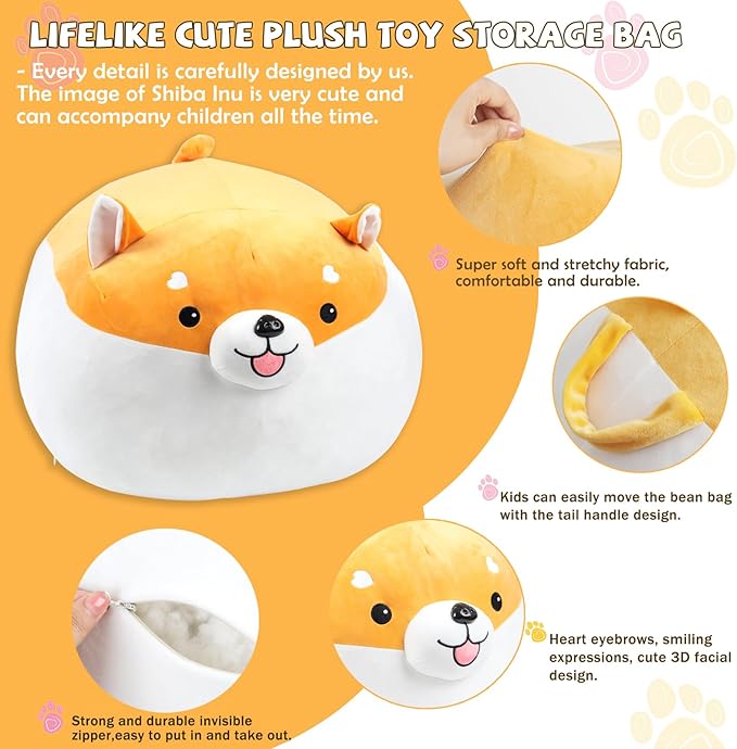 Stuffed Animal Storage Bean Bag Chair Cover for kids Cute Shiba Inu Yellow Dog Large Beanbag Plush Toy Bedroom Décor Organizer Cover, No Beans - LeafyLoom