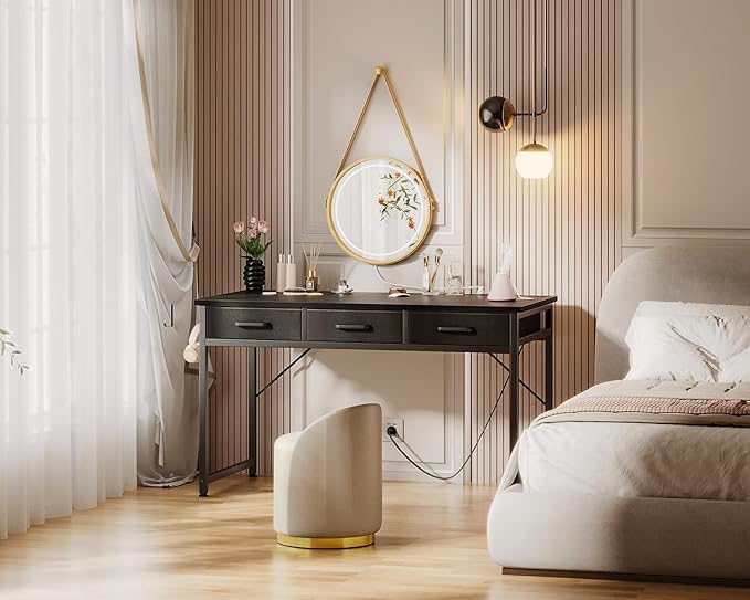 AODK 48 Inch Computer Desk with 3 Fabric Drawers, Office Desk with USB/Type-C Charging Ports & Power Outlets, Vanity Desk with Iron Hook for Bedroom, Study/Writing/Work Table for Bedroom, Black - LeafyLoom