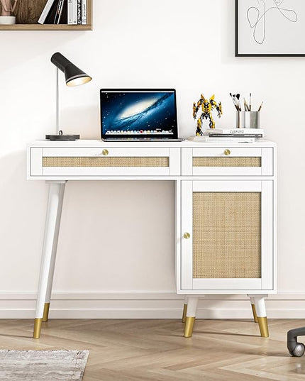 Anmytek Rattan Vanity Desk with Drawers and Storage, White Makeup Vanity Table Modern Home Office Desk Computer Desk for Study D0006 - LeafyLoom