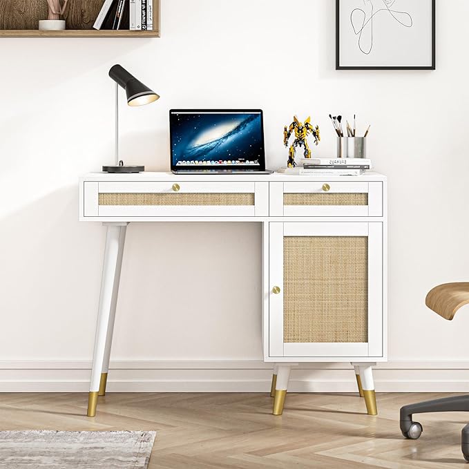 Anmytek Rattan Vanity Desk with Drawers and Storage, White Makeup Vanity Table Modern Home Office Desk Computer Desk for Study D0006 - LeafyLoom