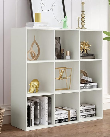 9-Cube Storage Shelf Bookcase - Wooden 3-Tier Floor Standing Open Bookshelf for Home and Office, Display Cabinet, Warm White - LeafyLoom