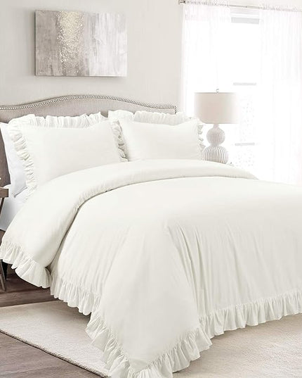 Lush Decor Reyna Ruffle 100% Cotton Duvet Cover Set - 3 Piece Cozy Ruffled Bedding Set - Timeless Elegance and Comfort - California King, White - LeafyLoom