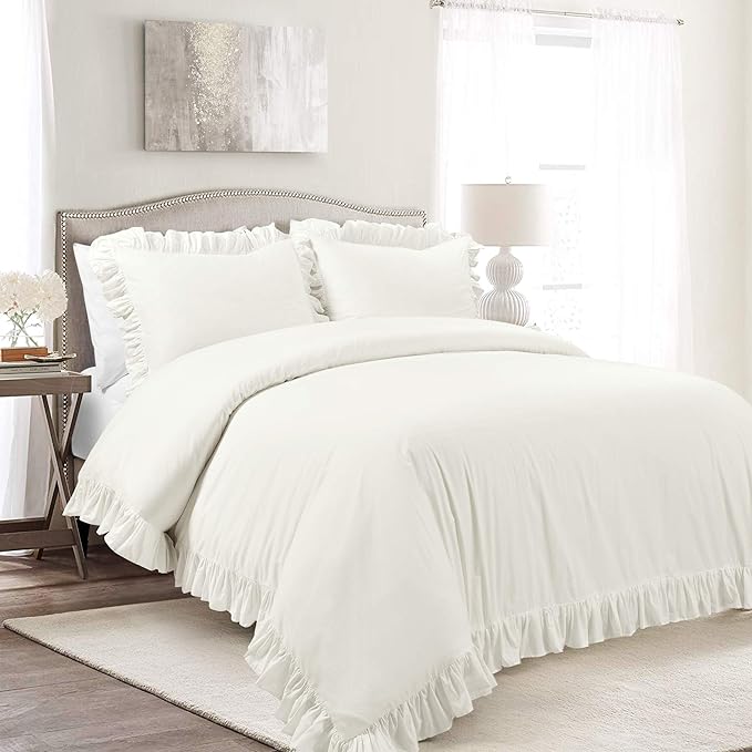 Lush Decor Reyna Ruffle 100% Cotton Duvet Cover Set - 3 Piece Cozy Ruffled Bedding Set - Timeless Elegance and Comfort - California King, White - LeafyLoom