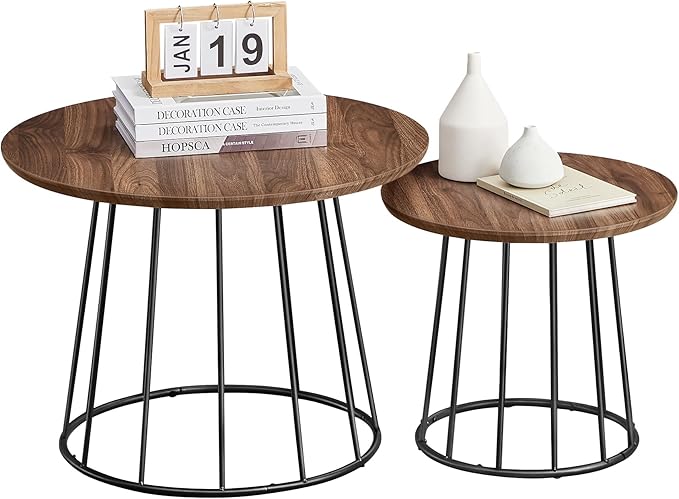 VASAGLE Round Coffee Tables, Set of 2, Modern Circle Side Tables with Steel Frame, for Living Room, Bedroom, Natural Walnut ULCT045K43 - LeafyLoom