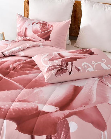 WONGS BEDDING Pink Comforter Set Queen Reversible Pink Rose Pattern Printed Bedding Comforter Set with 2 Pillowcases for All Season, Soft Microfiber Filling Bedding Set 90"x90" - LeafyLoom