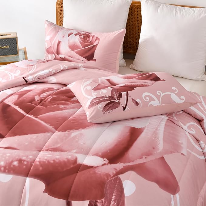 WONGS BEDDING Pink Comforter Set Queen Reversible Pink Rose Pattern Printed Bedding Comforter Set with 2 Pillowcases for All Season, Soft Microfiber Filling Bedding Set 90"x90" - LeafyLoom