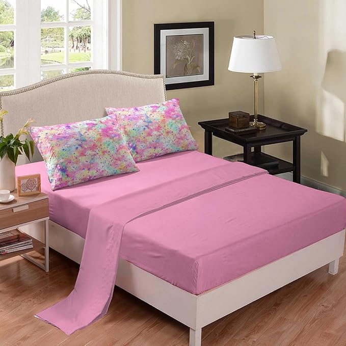 Pink Comforter Set for Girls, Bed in A Bag Twin Size, Purple Pink Tie Dye Pastel Comforter Set with Fitted Sheet and Flat Sheet - LeafyLoom