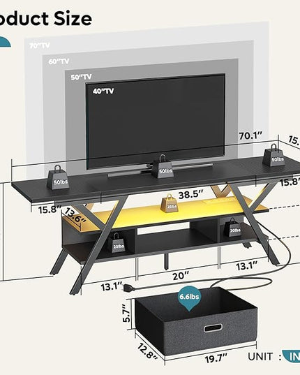 Bestier 70 Inch Gaming Tv Stands for Living Room with Power Outlet for Television up to 75", Black Entertainment Center with Led Lights for Living Room Bedroom. Carbon Fiber Black - LeafyLoom