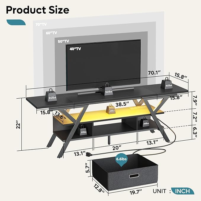 Bestier 70 Inch Gaming Tv Stands for Living Room with Power Outlet for Television up to 75", Black Entertainment Center with Led Lights for Living Room Bedroom. Carbon Fiber Black - LeafyLoom