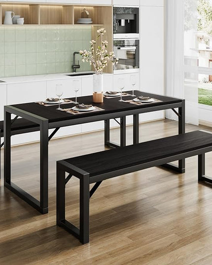 SHA CERLIN Dining Table Set with Two Benches, Rustic Kitchen Table Set for 4 people, Space-Saving Dinette, Heavy Duty Sturdy Structure, Easy Assemble, Black/Black - LeafyLoom