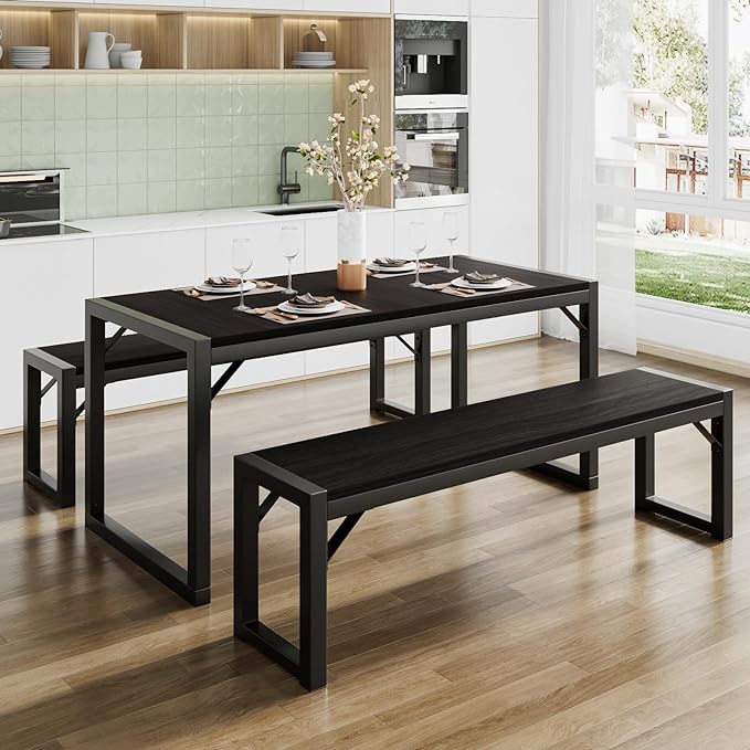 SHA CERLIN Dining Table Set with Two Benches, Rustic Kitchen Table Set for 4 people, Space-Saving Dinette, Heavy Duty Sturdy Structure, Easy Assemble, Black/Black - LeafyLoom