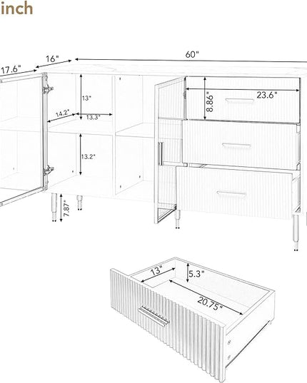 Modern Sideboard MDF with Marble Sticker Tabletop and Amber-Yellow Tempered Glass Doors,Freestanding Buffet Storage Cabinet,W/Gold Metal Legs & Handles,for Dining Room,Kitchen,White, 60" - LeafyLoom