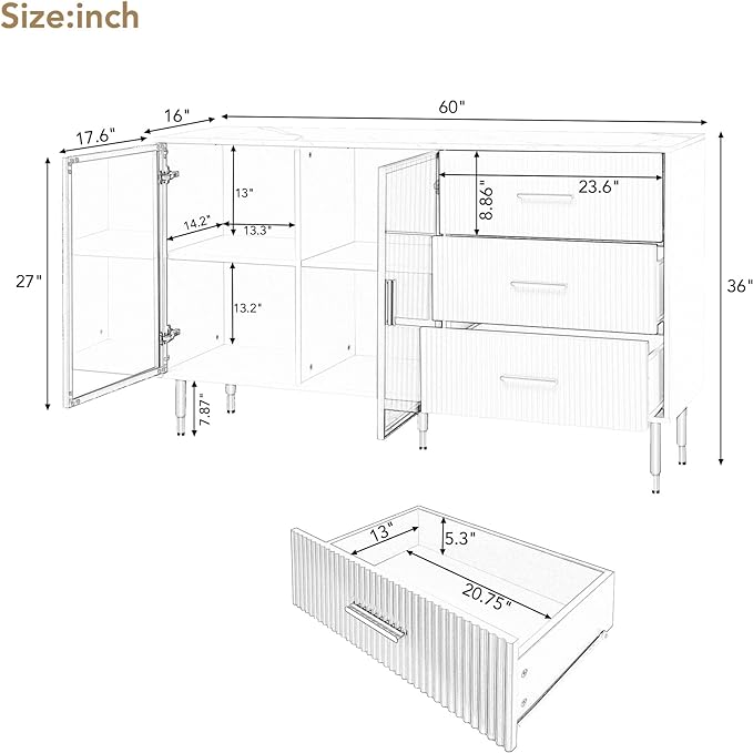 Modern Sideboard MDF with Marble Sticker Tabletop and Amber-Yellow Tempered Glass Doors,Freestanding Buffet Storage Cabinet,W/Gold Metal Legs & Handles,for Dining Room,Kitchen,White, 60" - LeafyLoom