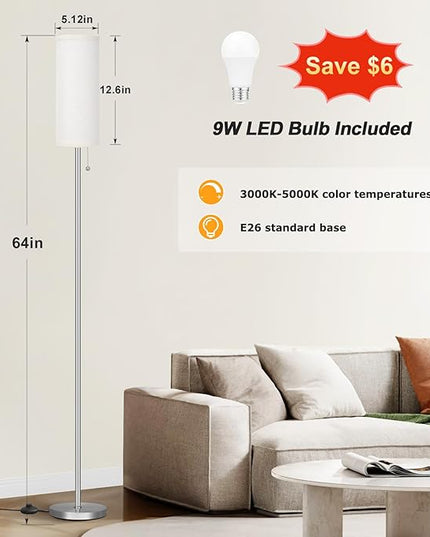 Ambimall Floor Lamp for Living Room with 3 Color Temperatures Bulb, 64" Standing lamp with Linen lampshade for Bedroom, Minimalist Pole Lamp, Beige Shade & Silver Pole - LeafyLoom