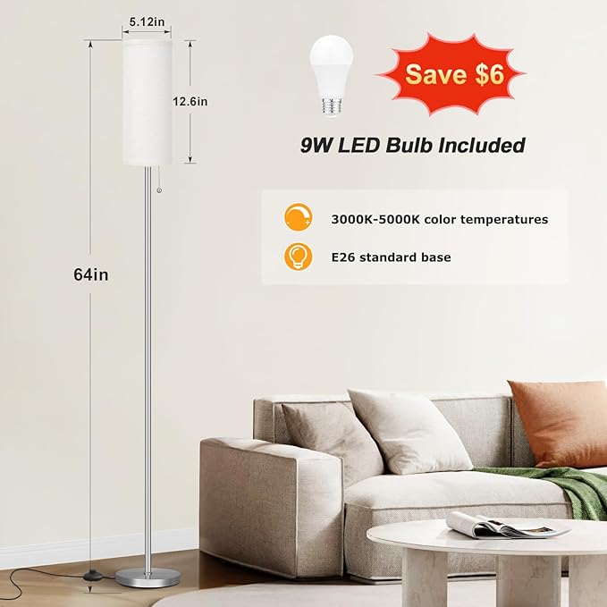 Ambimall Floor Lamp for Living Room with 3 Color Temperatures Bulb, 64" Standing lamp with Linen lampshade for Bedroom, Minimalist Pole Lamp, Beige Shade & Silver Pole - LeafyLoom