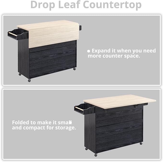 IRONCK Rolling Kitchen Island Cart with Drop-Leaf and Wine Rack, Microwave Rack Serving Cart on Wheels with Drawer & Shelves & Spice Rack & Cup Hanging, Black - LeafyLoom