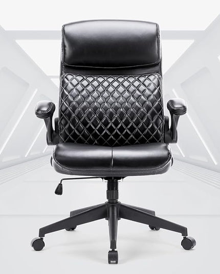 Executive Office Chair, Mid Back Computer Desk Chair with Padded Flip-up Arms, Adjustable Height, Backrest and Rock, Ergonomic Leather Chair Swivel Rolling Chair for Home Office Conference Room-Black - LeafyLoom