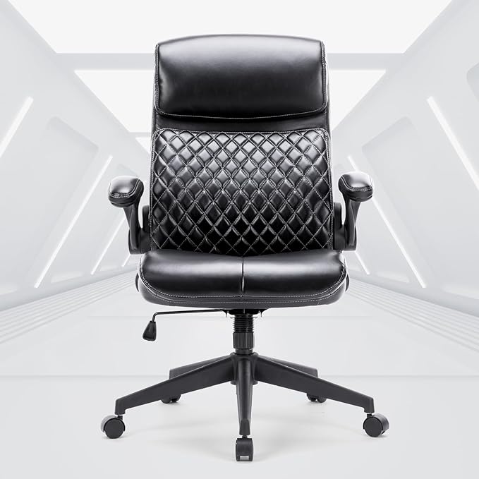 Executive Office Chair, Mid Back Computer Desk Chair with Padded Flip-up Arms, Adjustable Height, Backrest and Rock, Ergonomic Leather Chair Swivel Rolling Chair for Home Office Conference Room-Black - LeafyLoom