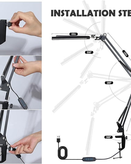 Double Swing Arm Bright LED Desk Light Adjustable Foldable Desk Lamp for Home Office, 3 Colors Lighting & Stepless Dimming Dimmable Table Desk Light for Work/Study/Craft - LeafyLoom