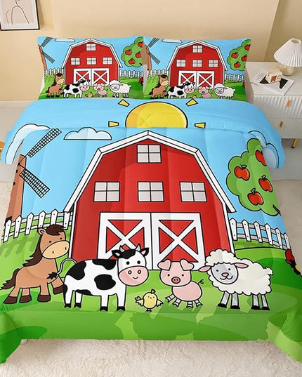 Farm Animals Comforter,Farmhouse Comforter Set for Kids Teens Girls Boys,Cartoon Animals 3Pcs Bedding Set Printed Comforter with 2 Pillowcases,Down Alternative,Soft and Lightweight，Twin Size - LeafyLoom