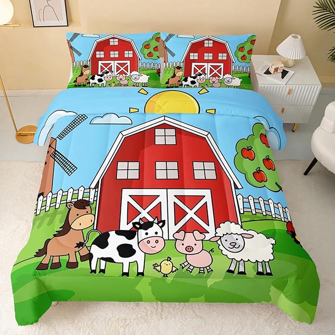 Farm Animals Comforter,Farmhouse Comforter Set for Kids Teens Girls Boys,Cartoon Animals 3Pcs Bedding Set Printed Comforter with 2 Pillowcases,Down Alternative,Soft and Lightweight，King Size - LeafyLoom