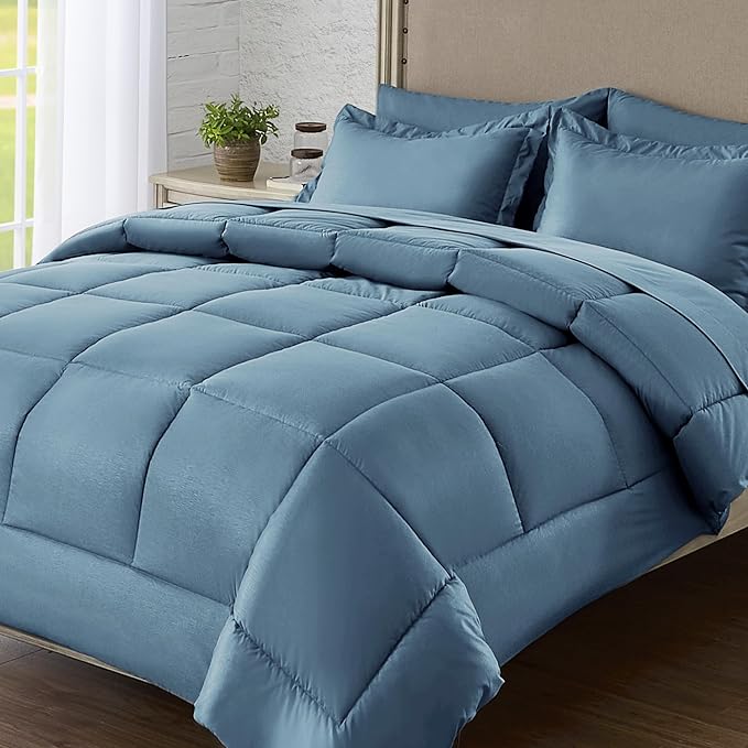 Full Size Bed in a Bag 7 Pieces Comforter Set Blue Bed Set with Comforter, Pillowcases, Flat Sheet, Fitted Sheet and Pillow Shams - LeafyLoom