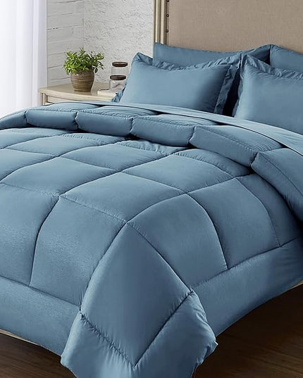 King Size Bed in a Bag 7 Pieces Comforter Set King, Wood Grain Texture Bedding Comforter Set Blue Bed Set with Comforter, Pillowcases, Flat Sheet, Fitted Sheet and Pillow Shams - LeafyLoom