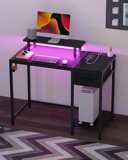 Gaming Desk with Led Lights & Power Outlets, 40 Small Gaming Computer Desk with Drawers, Reversible Gamer Desk with Monitor Stand,Work for Home Office,Writing Study Table for Bedroom,Black - LeafyLoom