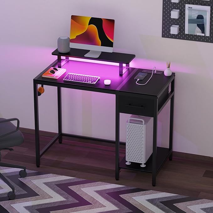 Gaming Desk with Led Lights & Power Outlets, 40 Small Gaming Computer Desk with Drawers, Reversible Gamer Desk with Monitor Stand,Work for Home Office,Writing Study Table for Bedroom,Black - LeafyLoom