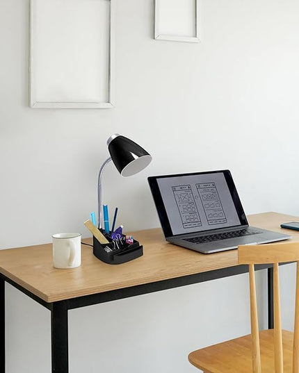 Simple Designs LD1067-BLK Compartmental Desk Lamp with iPhone/iPad/Tablet Stand, Bendable Gooseneck, for Office, Living Room, Nightstand, Library, Entryway, Black - LeafyLoom