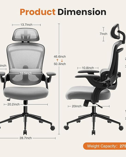 Ergonomic Office Chair, High Back Desk Chair with Adjustable Lumbar Support & Headrest,Comfortable Mesh Computer Chair with Soft Flip Up Arms, Adjustable Height and 120°Tilt,Grey - LeafyLoom