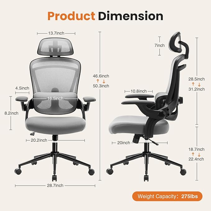 Ergonomic Office Chair, High Back Desk Chair with Adjustable Lumbar Support & Headrest,Comfortable Mesh Computer Chair with Soft Flip Up Arms, Adjustable Height and 120°Tilt,Grey - LeafyLoom