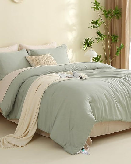 MILDLY King Size Comforter Set 7 Piece Color Clash, Mist Sage Bed in a Bag, All Season Bedding Sets with 1 Comforter, 2 Pillow Shams, 2 Pillowcases, 1 Flat Sheet, 1 Fitted Sheet - LeafyLoom