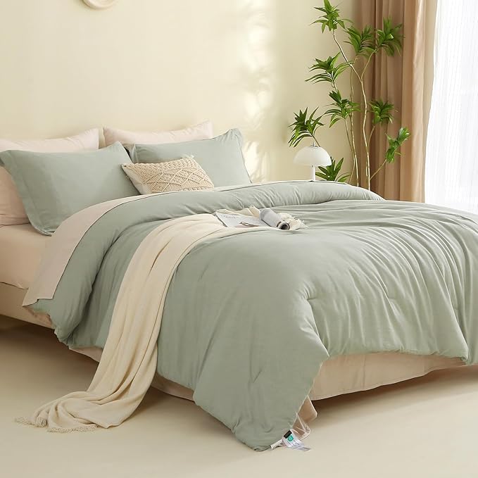 MILDLY King Size Comforter Set 7 Piece Color Clash, Mist Sage Bed in a Bag, All Season Bedding Sets with 1 Comforter, 2 Pillow Shams, 2 Pillowcases, 1 Flat Sheet, 1 Fitted Sheet - LeafyLoom