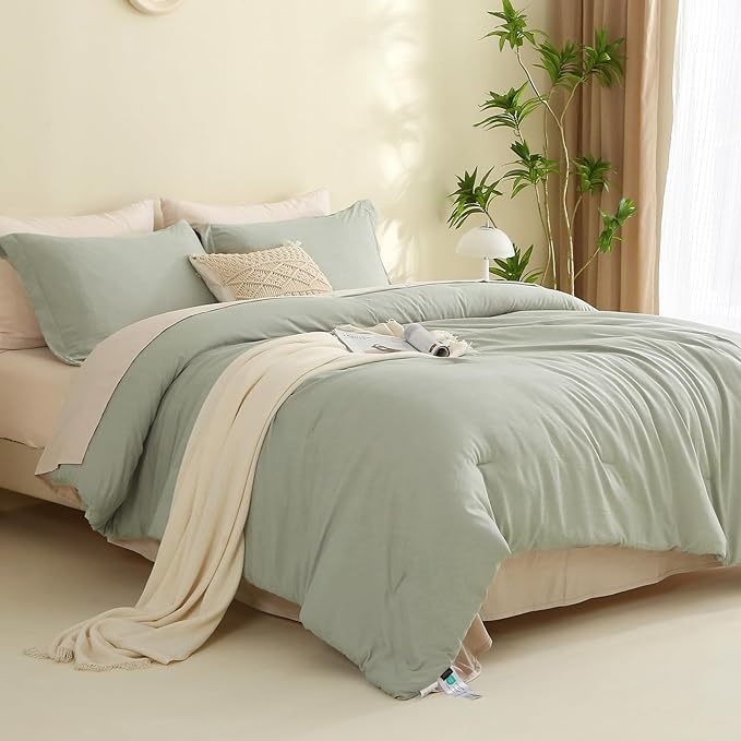 MILDLY Twin Comforter Set 5 Piece Color Clash, Mist Sage Bed in a Bag, All Season Bedding Sets with 1 Comforter, 1 Pillow Shams, 1 Pillowcases, 1 Flat Sheet, 1 Fitted Sheet - LeafyLoom