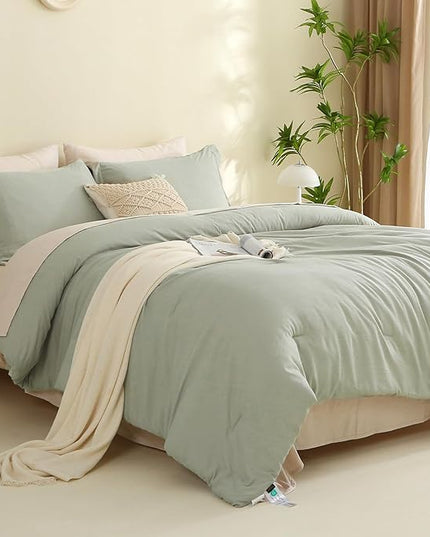 MILDLY Full Size Comforter Set 7 Piece Color Clash, Mist Sage Bed in a Bag, All Season Bedding Sets with 1 Comforter, 2 Pillow Shams, 2 Pillowcases, 1 Flat Sheet, 1 Fitted Sheet - LeafyLoom