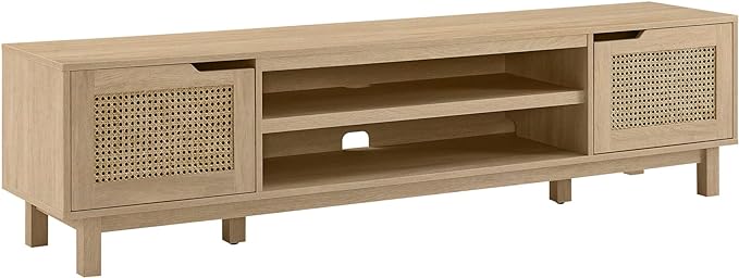 Walker Edison Destin Modern Minimal Rattan-Door Stand for TVs up to 80 Inches, 70 Inch, Coastal Oak - LeafyLoom