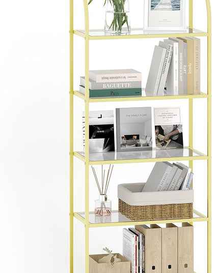 Bookcase Bookshelf, Tempered Glass Arched Bookshelf for More Storage, Slim Shelving Unit for Bedroom, Bathroom, Home Office, Steel Frame, Wide 5 Tier Gold BC22599G - LeafyLoom