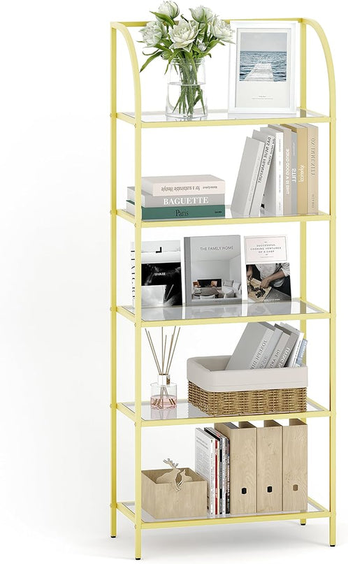 Bookcase Bookshelf, Tempered Glass Arched Bookshelf for More Storage, Slim Shelving Unit for Bedroom, Bathroom, Home Office, Steel Frame, Wide 5 Tier Gold BC22599G - LeafyLoom