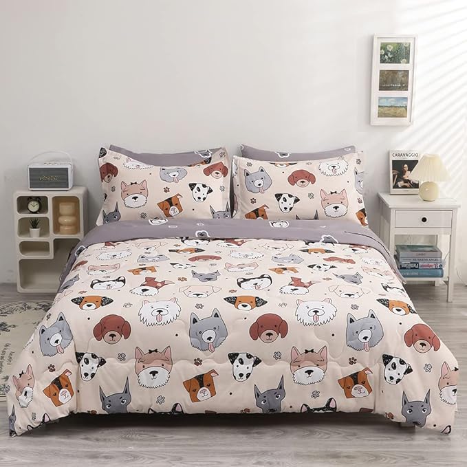 7 Piece Kids Dog Comforter Full Size Cute Animal Dog Bedding Set Bed in A Bag for Boys Girls All Season (1 Comforter, 1 Flat Sheet, 1 Fitted Sheet, 2 Pillowcase and 2 Pillow Sham) - LeafyLoom