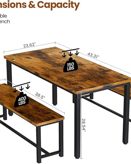 DKLGG 3-Pieces Dining Table Set with 2 Benches, Dining Table Set for 4, Wood Kitchen Table and Chairs Sets w/Metal Frame, Dining Sets for Small Spaces Kitchen Dining Room Restaurants (Rustic Brown) - LeafyLoom